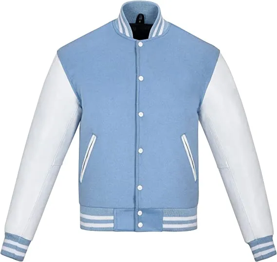 Warrior Gears Classic Hybrid Varsity Jacket University Letterman Bomber Jacket, Pure Wool & Original Cowhide Leather Jacket, Baby Blue Pure Wool Body & White Real Leather Sleeves