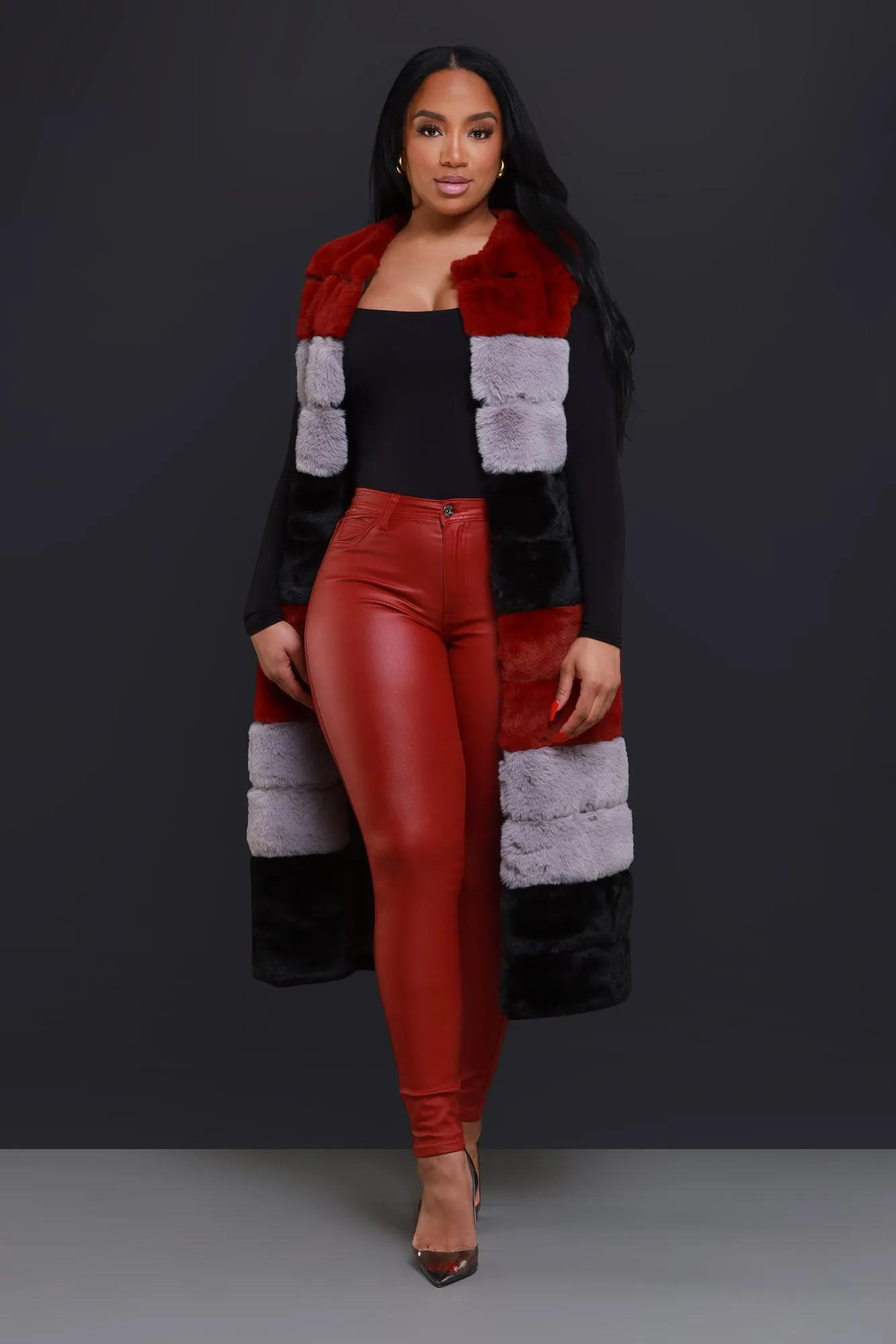 Whisper Soft Sleeveless Faux Fur Vest- Burgundy/Black