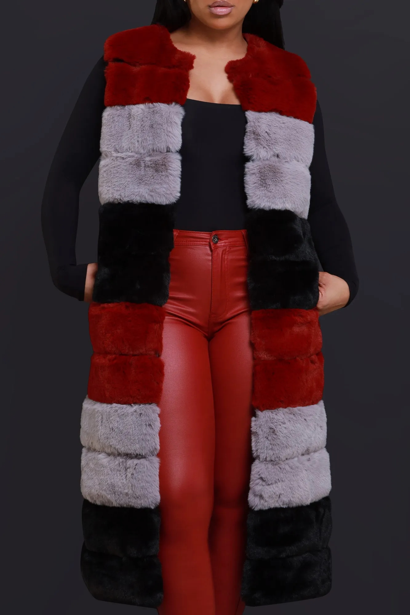 Whisper Soft Sleeveless Faux Fur Vest- Burgundy/Black