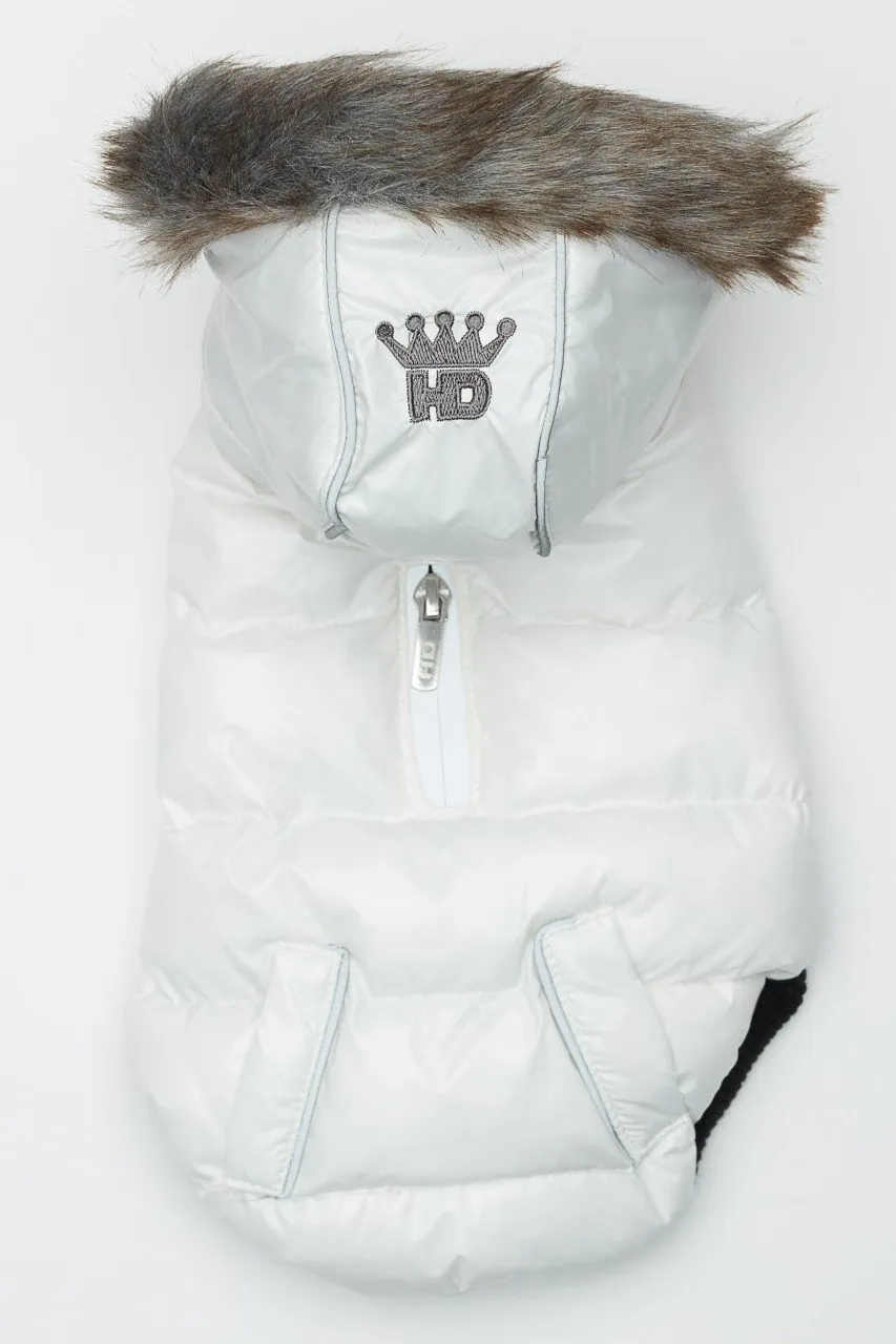 White Winter Dog Jacket with Hood - Hip Doggie Elite Reflective Coat - White