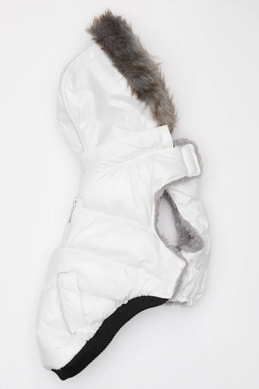 White Winter Dog Jacket with Hood - Hip Doggie Elite Reflective Coat - White