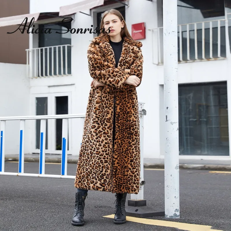 Winter Women's Faux Fur Leopard Print Rabbit Tailored Collar Warm