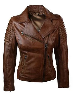 Woman Slim Fit Brown Genuine Real Leather Biker Jacket