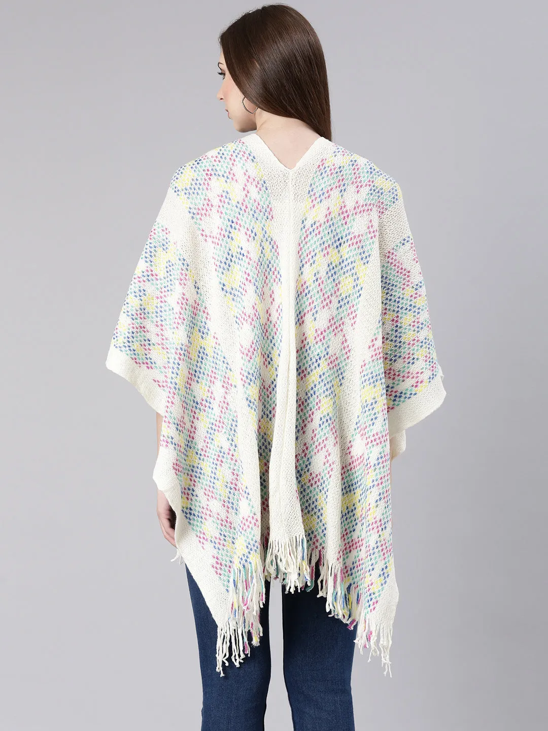 Women Off White Self Design Poncho