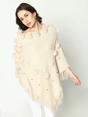 Women Solid Cream Longline Poncho