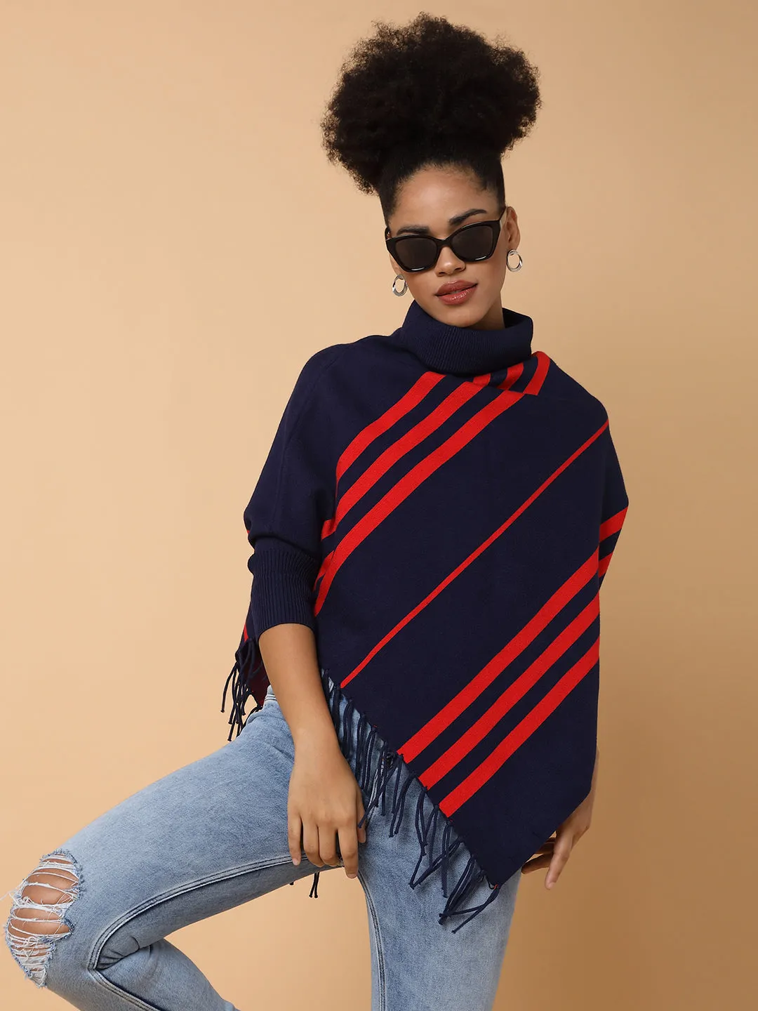 Women Striped Navy Blue Poncho