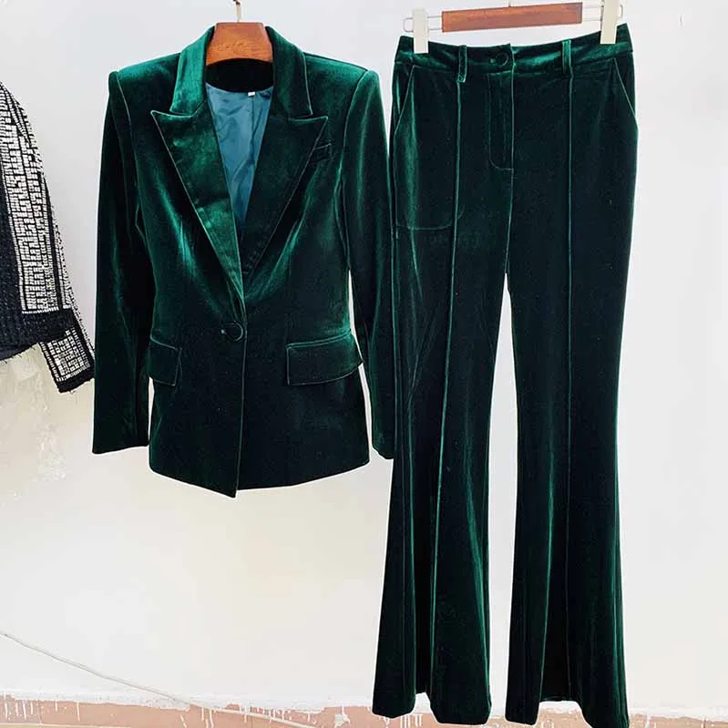 Women Velvet Bronze Green Purple Blazer   Flare Trousers Suit