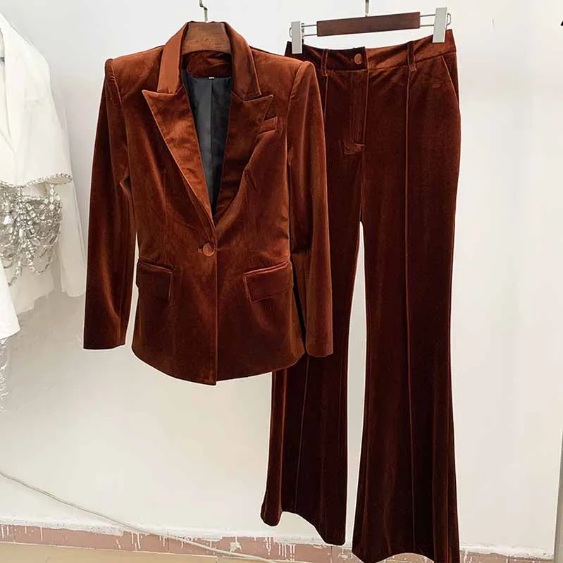 Women Velvet Bronze Green Purple Blazer   Flare Trousers Suit