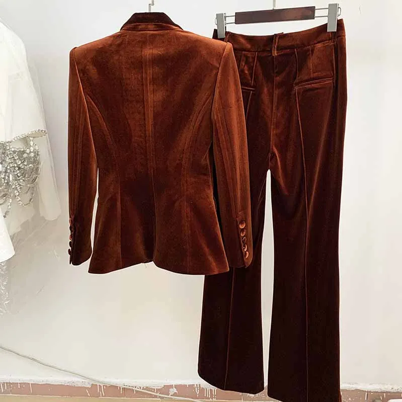 Women Velvet Bronze Green Purple Blazer   Flare Trousers Suit