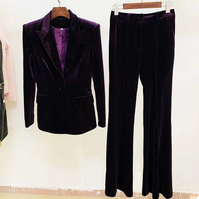 Women Velvet Bronze Green Purple Blazer   Flare Trousers Suit