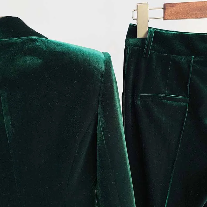 Women Velvet Green Blazer   Flare Trousers Suit