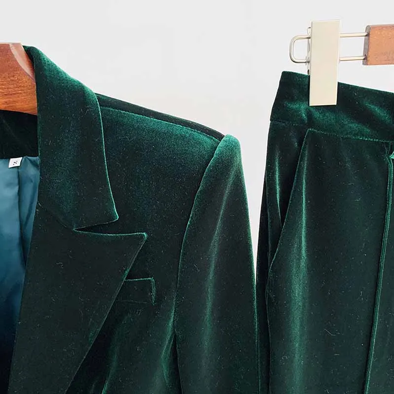 Women Velvet Green Blazer   Flare Trousers Suit