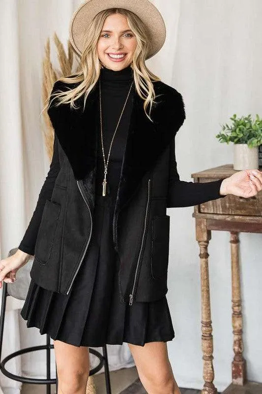 Womens Black Faux Suede Winter Vest Jacket