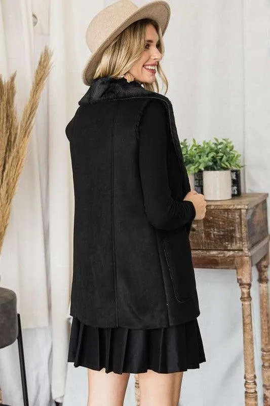 Womens Black Faux Suede Winter Vest Jacket