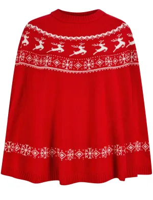 Women's Evanora Reindeer Print Novelty Knitted Poncho Cape in Tokyo Red  - Merry Christmas