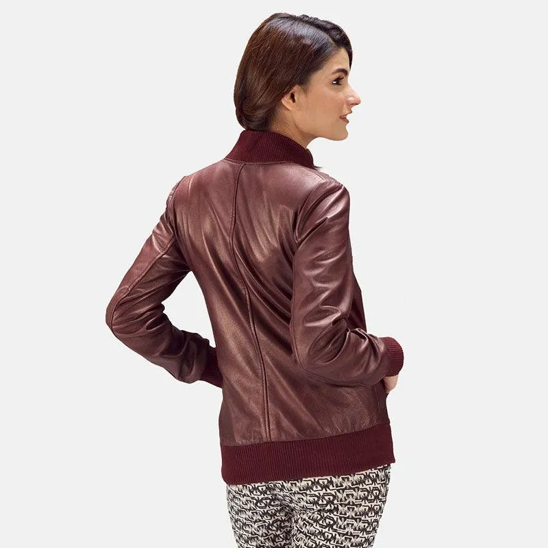 Women's Reida Maroon Leather Bomber Jacket